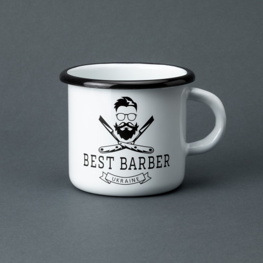 Емальована чашка з принтом "Best barber" біла, 400 мл