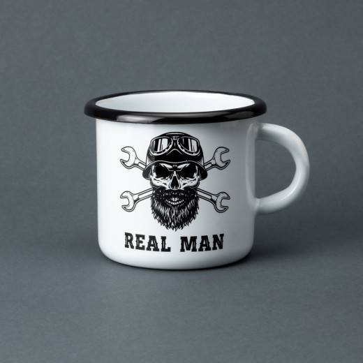 Емальована чашка з принтом "Real man" біла, 400 мл
