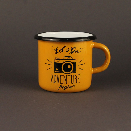 Емальована чашка з принтом "Let's go adventure begin" жовта, 400 мл